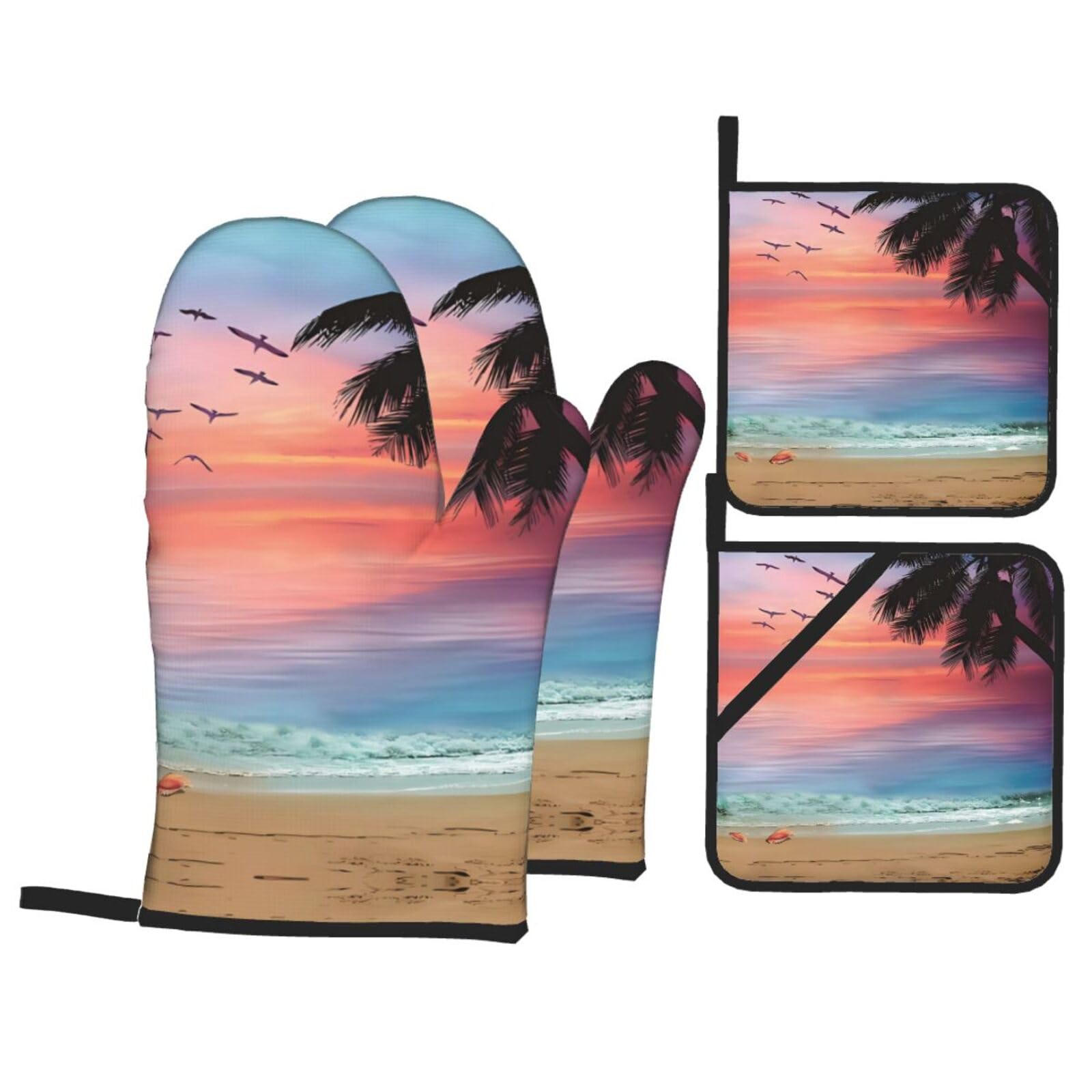 WHJSHOP Coconut Palm Tree Sandy Beach Prints Kitchen Layers: Waterproof Oven Covers for Safe Handling & Easy Cleanup – 4 Piece Heat Protection Bundle