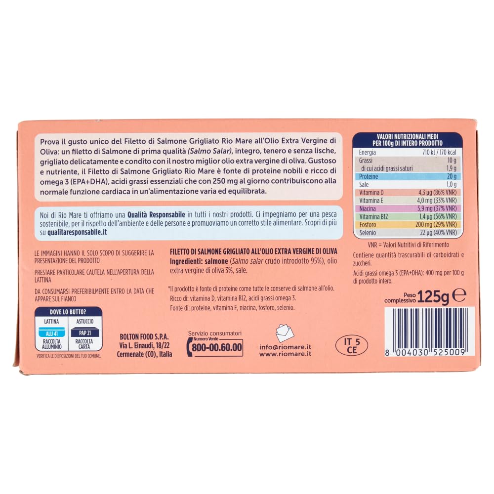 12x Rio Mare Gegrilltes Lachsfilet mit nativem Olivenöl extra, reich an Omega 3, 125 g + Italian Gourmet polpa 400g