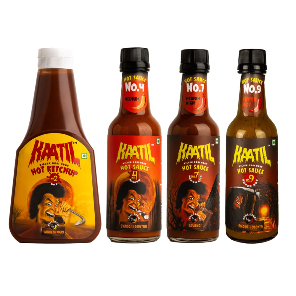 Kaatil Serial Kaatil Combo Pack of 4 | Hot Ketchup No.2, Hot Sauces No.4, No.7, No.9 | Mild to Super Hot Sauces | Dip, Spread, Marinade, Saute, Stir-fry | Made with Premium Indian Chillies | Made in India | No Artificial Colours, Flavours or Burning Sensation | Goes well with Any Meal | Vegan | 1000 GMs