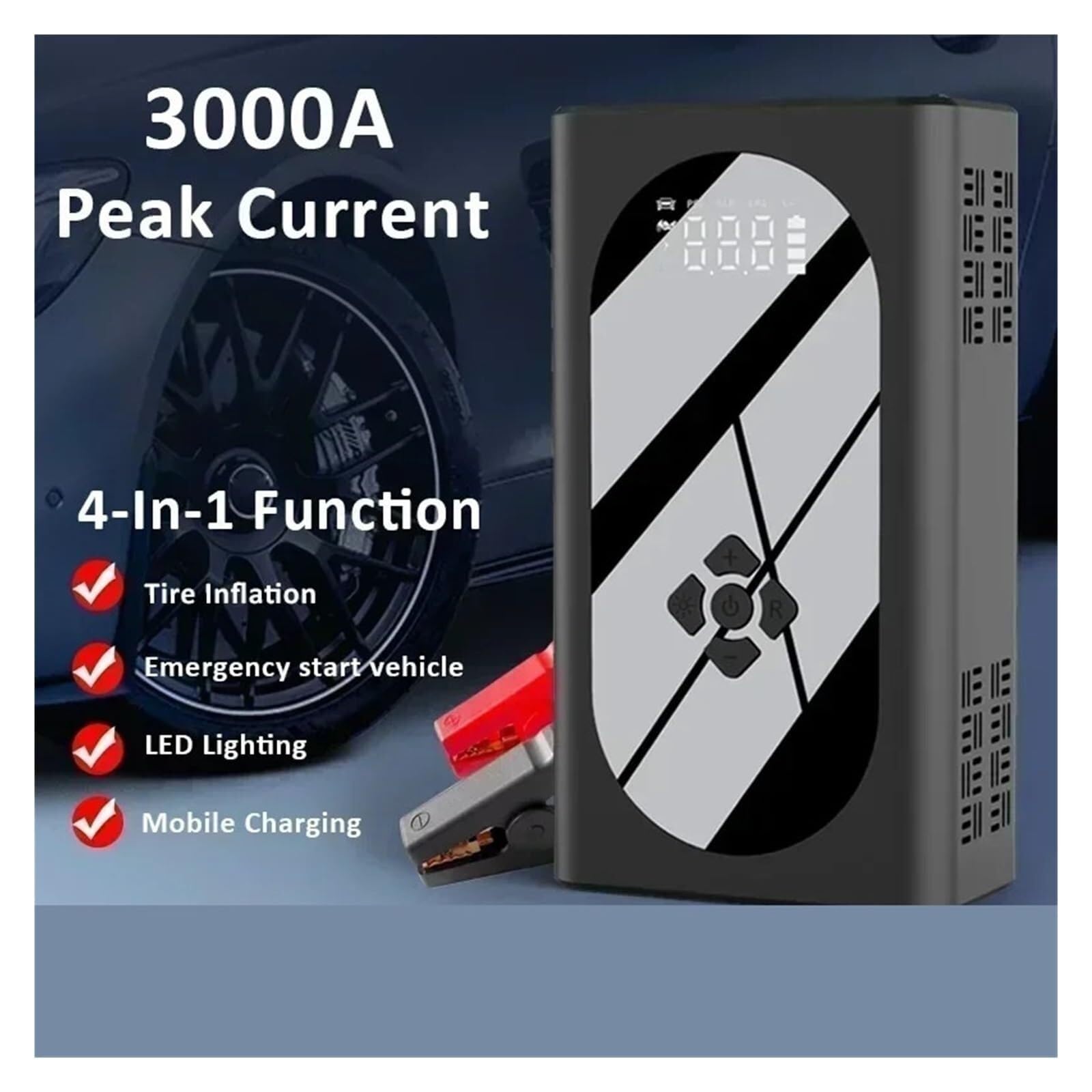 Démarreur de Secours avec compresseur d'air Portable 3000A pour Batterie de Voiture, avec Affichage LED 0110