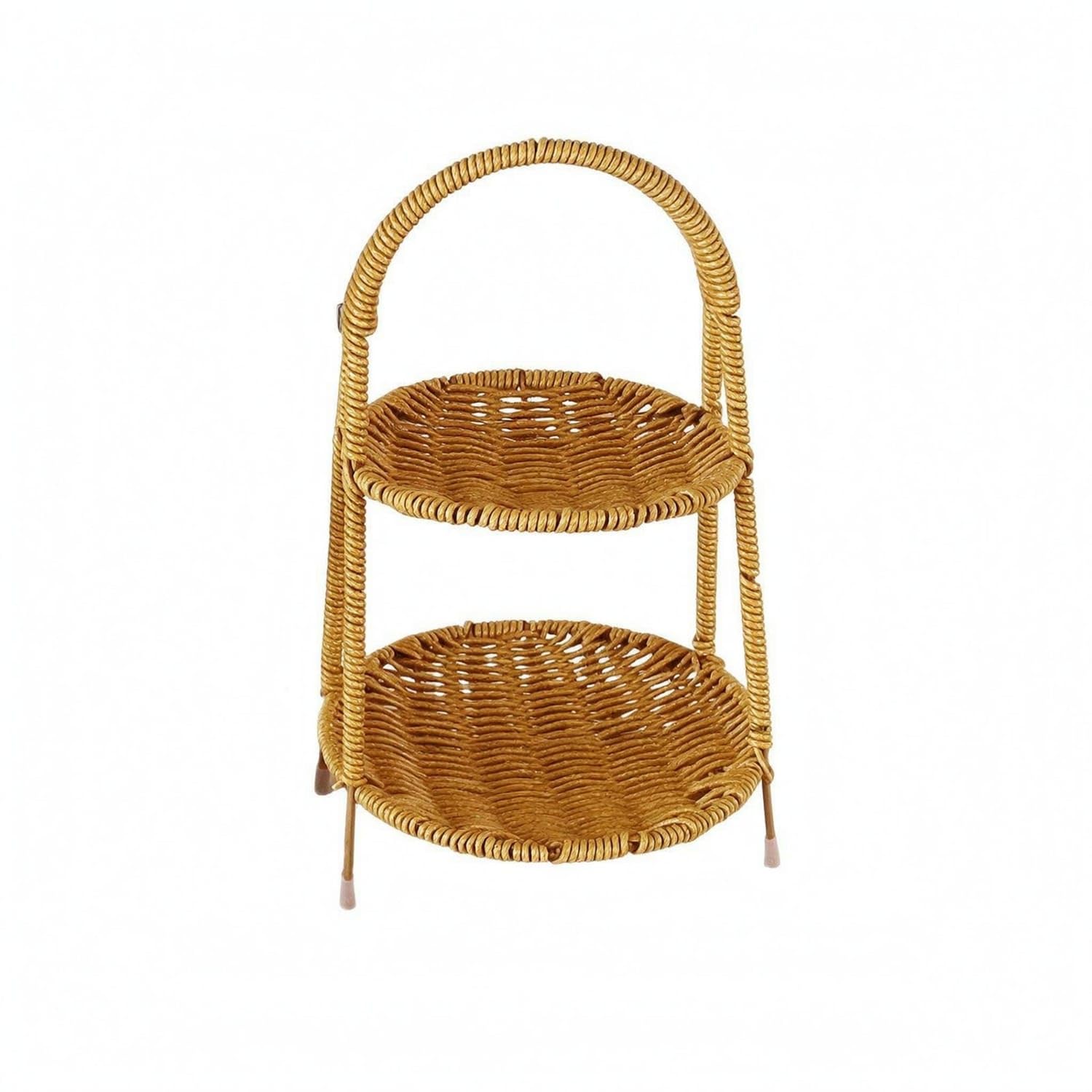 Handmade Braided Rattan Tray Rack Open Weave Wicker Storage Rack Arched Handle Woven Storage Basket with Handles Handwoven, Yellow Weave 2-tier-image-46