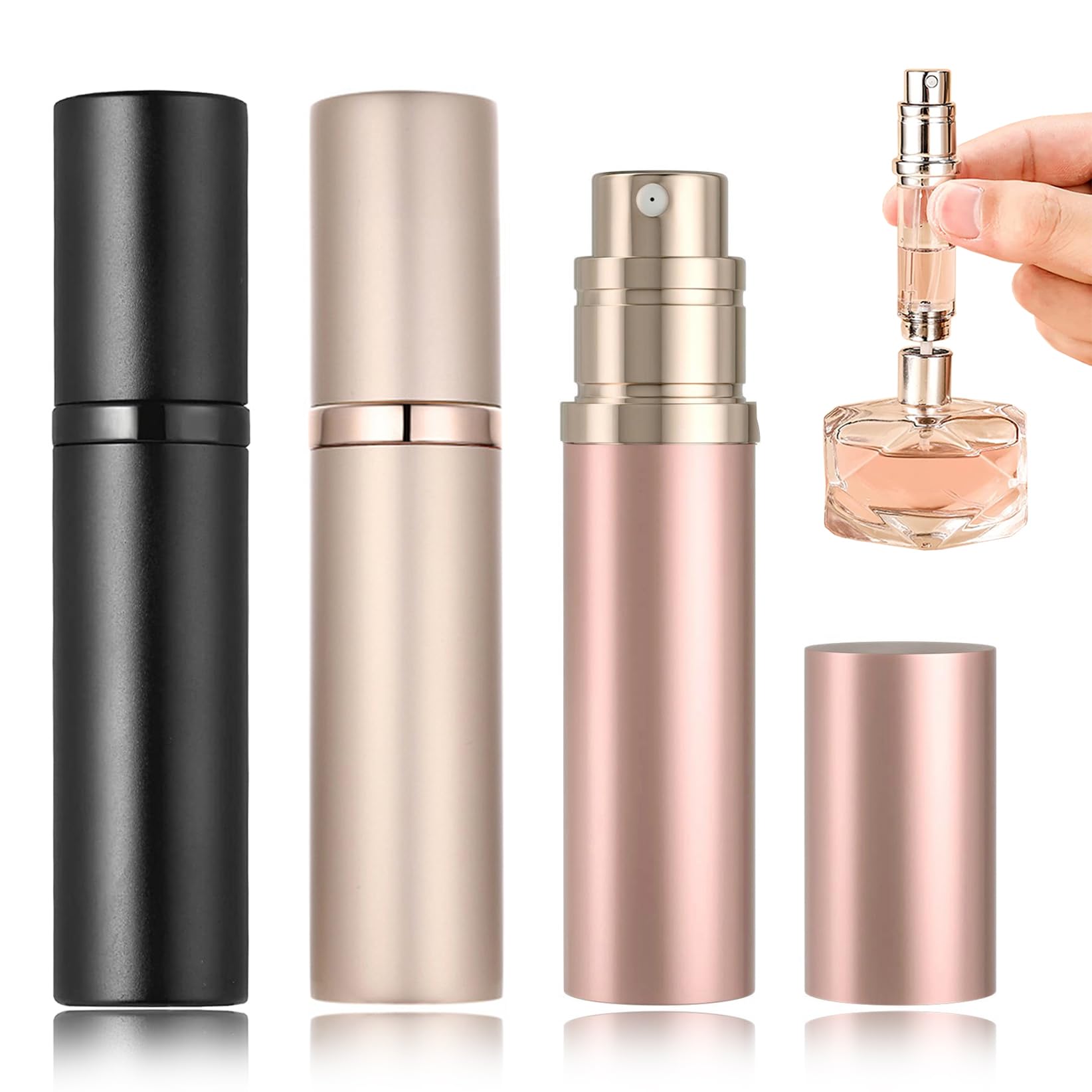 POTWPOT Perfume Atomiser Spray Bottle, 3 Pack Perfume Atomisers Refillable Travel Perfume Atomizer for Men and Women with 5ml Pocket Size (Black & Golden & Pink)