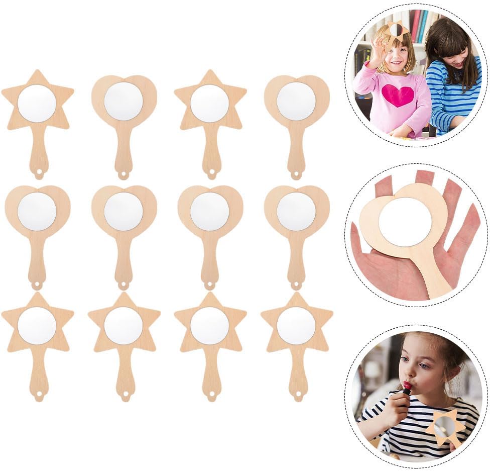 12Pcs Kids DIY Wooden Handheld Mirrors Unpainted Craft Set for Painting and Decorating Educational Fine Motor Skills Activity for Children