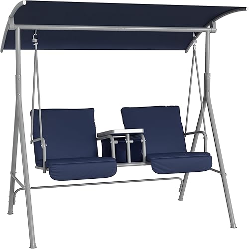 Outsunny Columpio de porche para 2 personas con soporte, columpio al aire libre con toldo, mesa de almacenamiento pivote, 2 soportes para tazas,