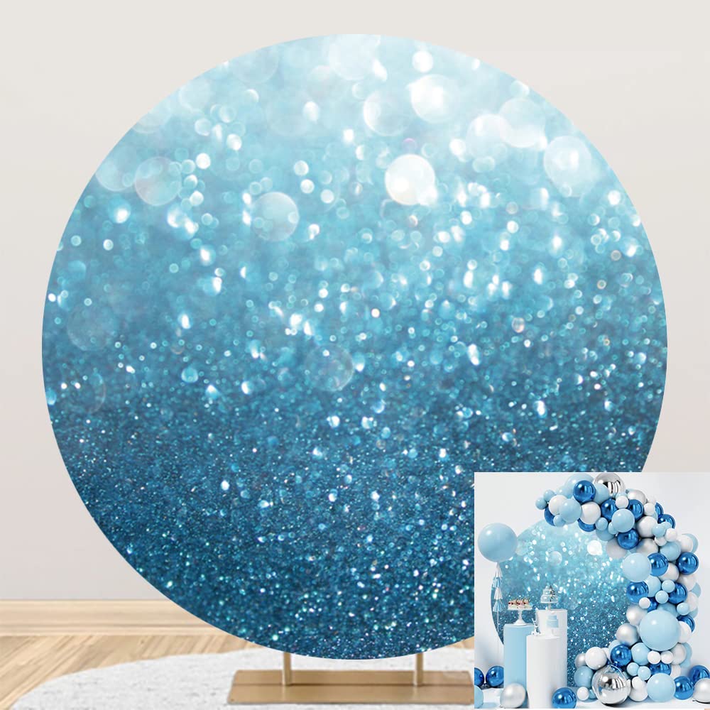 OERJU 7.5x7.5ft Blue Glitter Round Backdrop Shining Spot Bokeh Circle Photography Background Round Backdrop Stand Cover for Birthday Bridal Shower