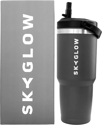 SkyGlow -Stainless Steel Tumbler with Straw, Vacuum Insulated Water Bottle SkyGlow nsulated tumbler Double Walled Vacuum Office, Home, Sport or Car, Travel Mug 887ML Leakproof (Grey)