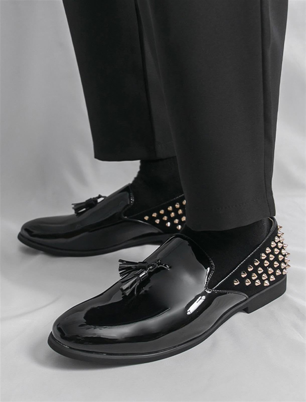 Mocassini Uomo in Pelle Verniciata Nera con Nappe, Scarpe Borchiate, Spille Oro Rosa Lusso, Festa Club Serata