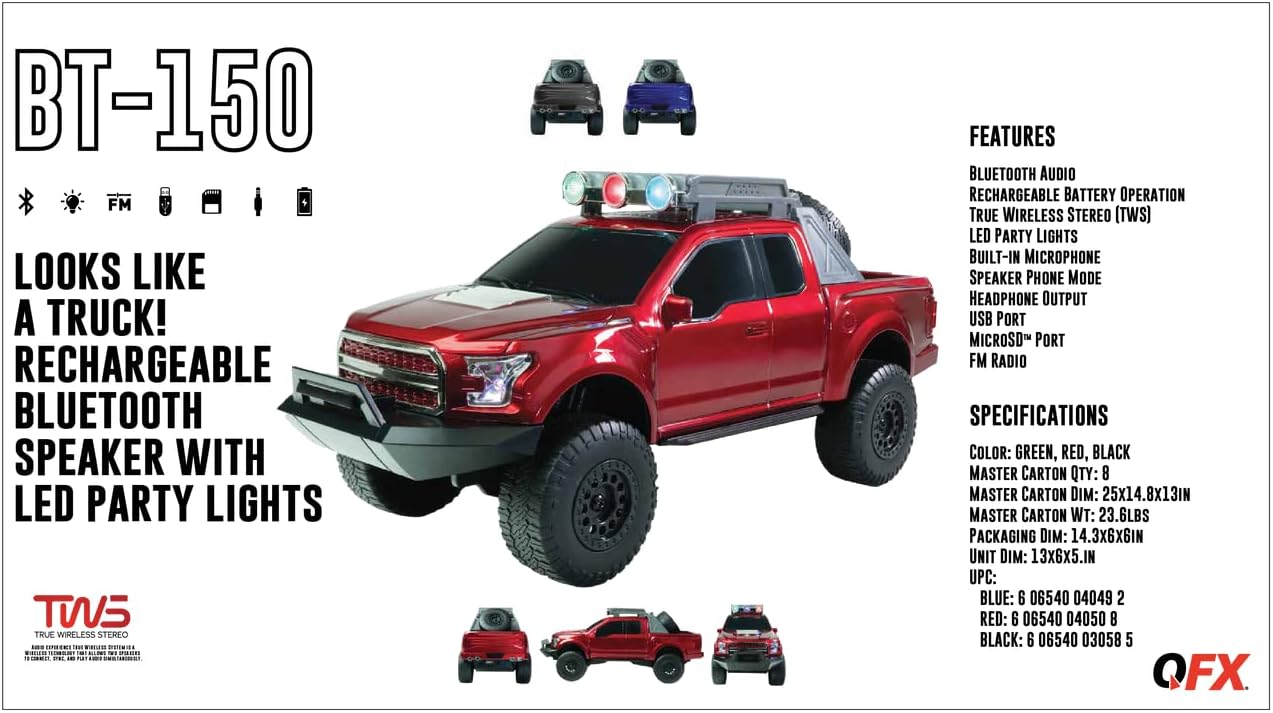 QFX Bluetooth 150 Pickup Truck Replica Speaker, 3-inch Speakers, Hands Free Link, Built-in Microphone, FM Radio and LED Party Lights, Red - BT-150-RED