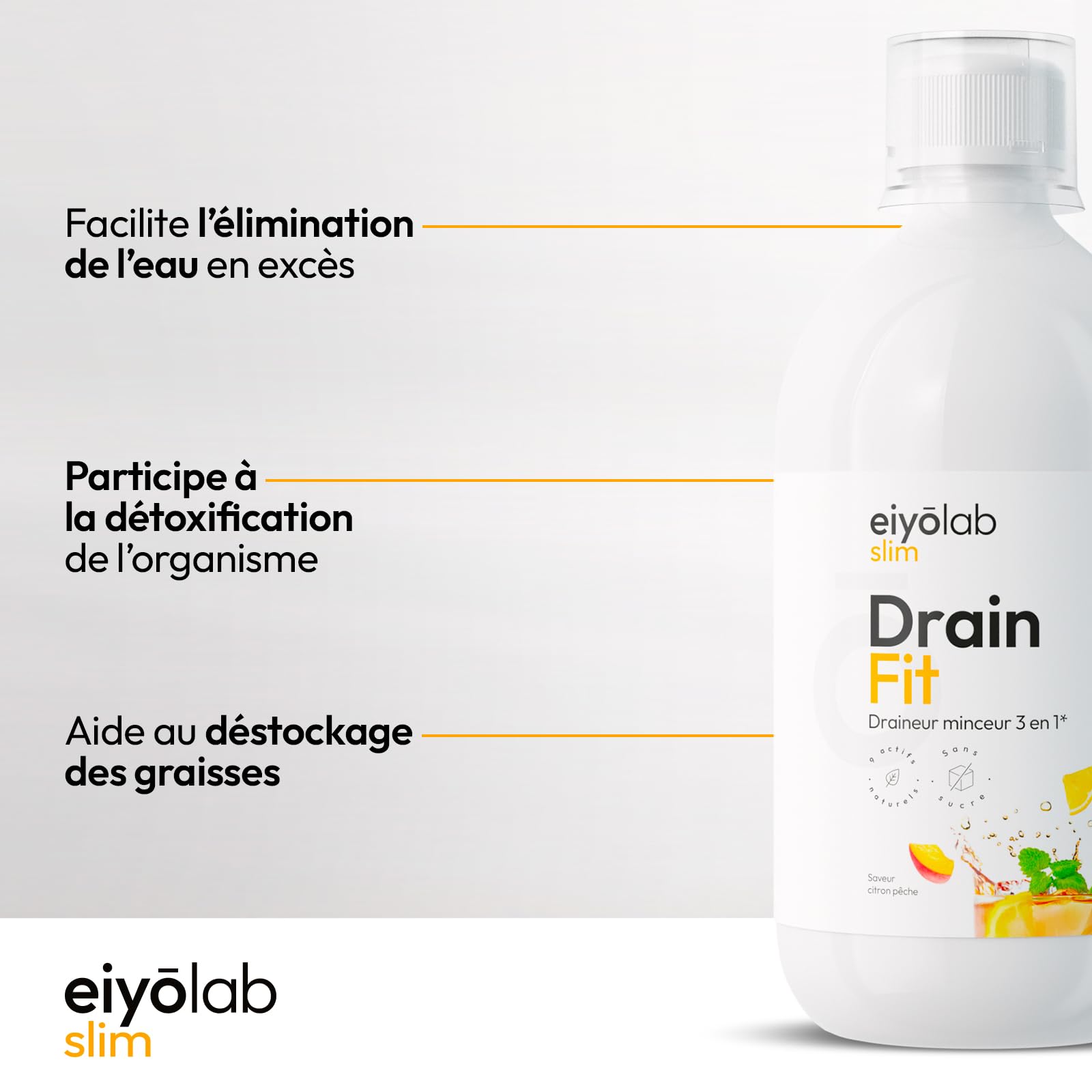 DRAIN FIT | Draineur Minceur Triple Action : Drainant + Détoxifiant + Amincissant | Réduit la Rétention d’Eau et Élimine la Cellulite | 500 ml | Délicieux Goût Citron-Pêche | Made in France | Eiyolab