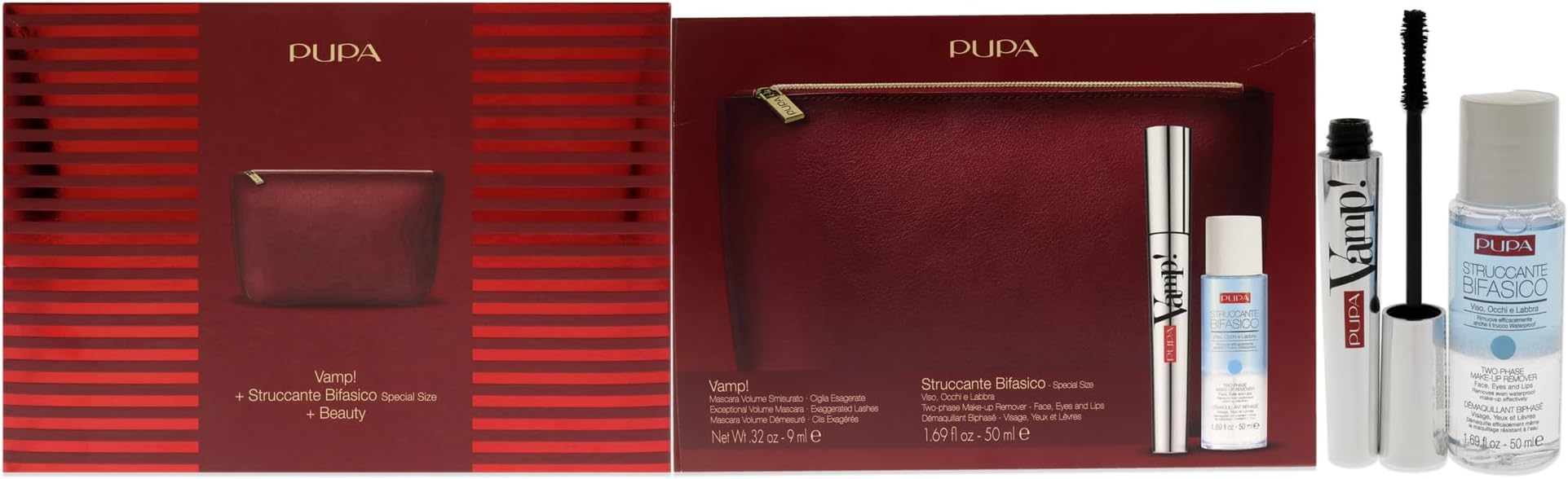 Vamp! Mascara And Two-Phase Make-Up Remover Set - Volume Mascara And Face Cleanser - Thick And Super Dense Lashes - Removes Intense And Waterproof Makeup - Beauty Bag - 3 Pc Mascara Kit