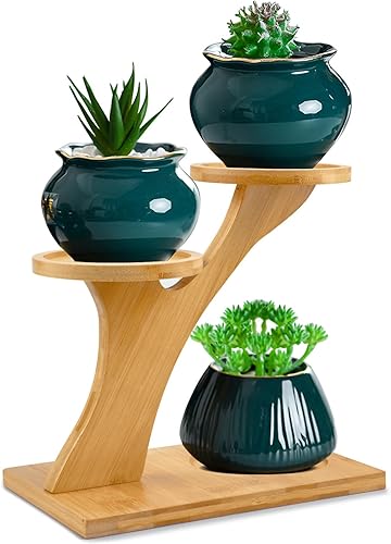 XXXFLOWER Soporte de bambú para plantas, estante interior de 3 niveles para el alféizar de la ventana, pequeño soporte de mesa para plantas para el