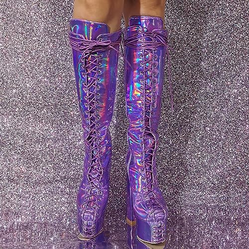 Women's Platform Knee High Gogo Boots Chunky Metallic Purple Reflective Side Zipper Heel Lace Up Boot for Halloween2