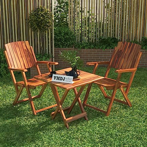 Image of Sheesham Wooden Portable Foldable 2 Seater Chair with Table Set Outdoor Balcony Garden Coffee Table Set Furniture with 1 Table and 2 Chairs Set (Brown)