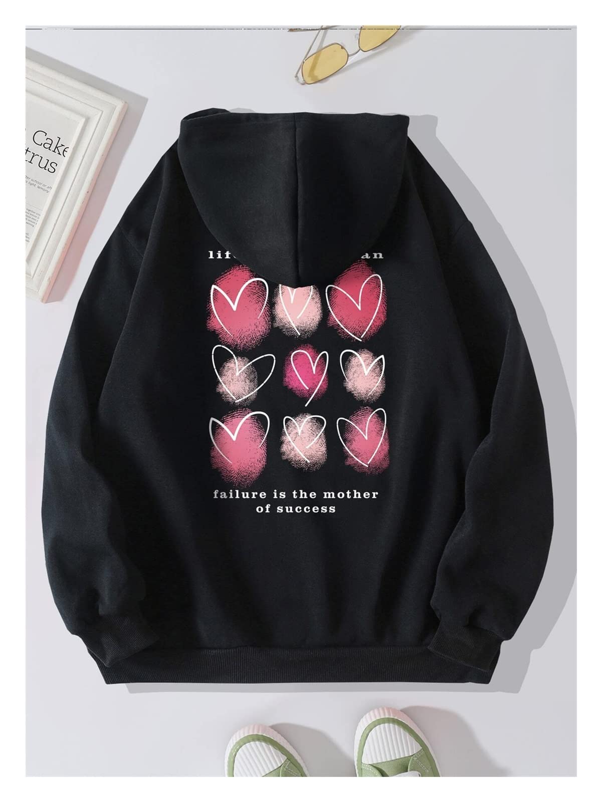 Sweat-shirt à manches longues et imprimé graphique pour femme avec poches et capuche noir L