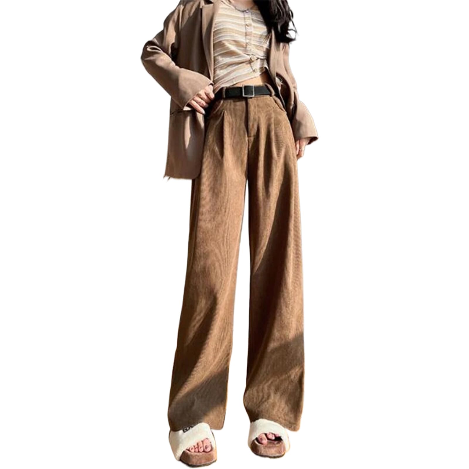 Women Spring Vintage Corduroy Pants High Waist Wide Leg Fall Casual Korean Office Ladies Trousers