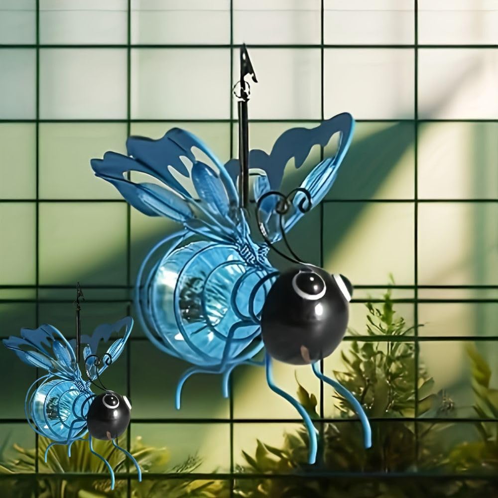 BomKra Bee Solar Lights Outdoor Garden Hanging Metal Bees Lanterns Novelty Bugs Ornament with Bouncy Springs, Solar Fairy Garden Lights for Decorations Balcony (2Pack Blue-B)