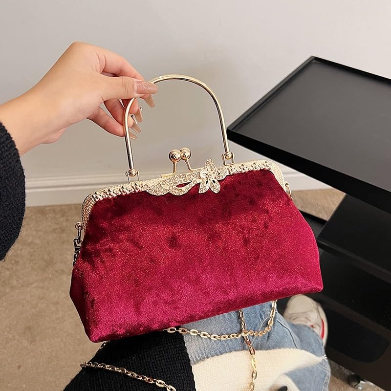 Bolso de Terciopelo con Cremallera para Mujer, Bolso de Mano para Banquetes, Bolso Cruzado con Cadena (Rojo)