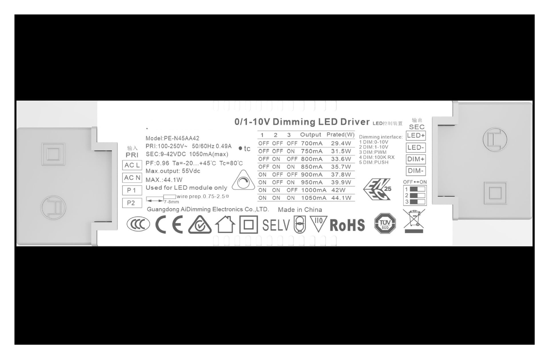 Alimentation variable F45AA 45W 0-10V pour éclairage stable sans scintillement