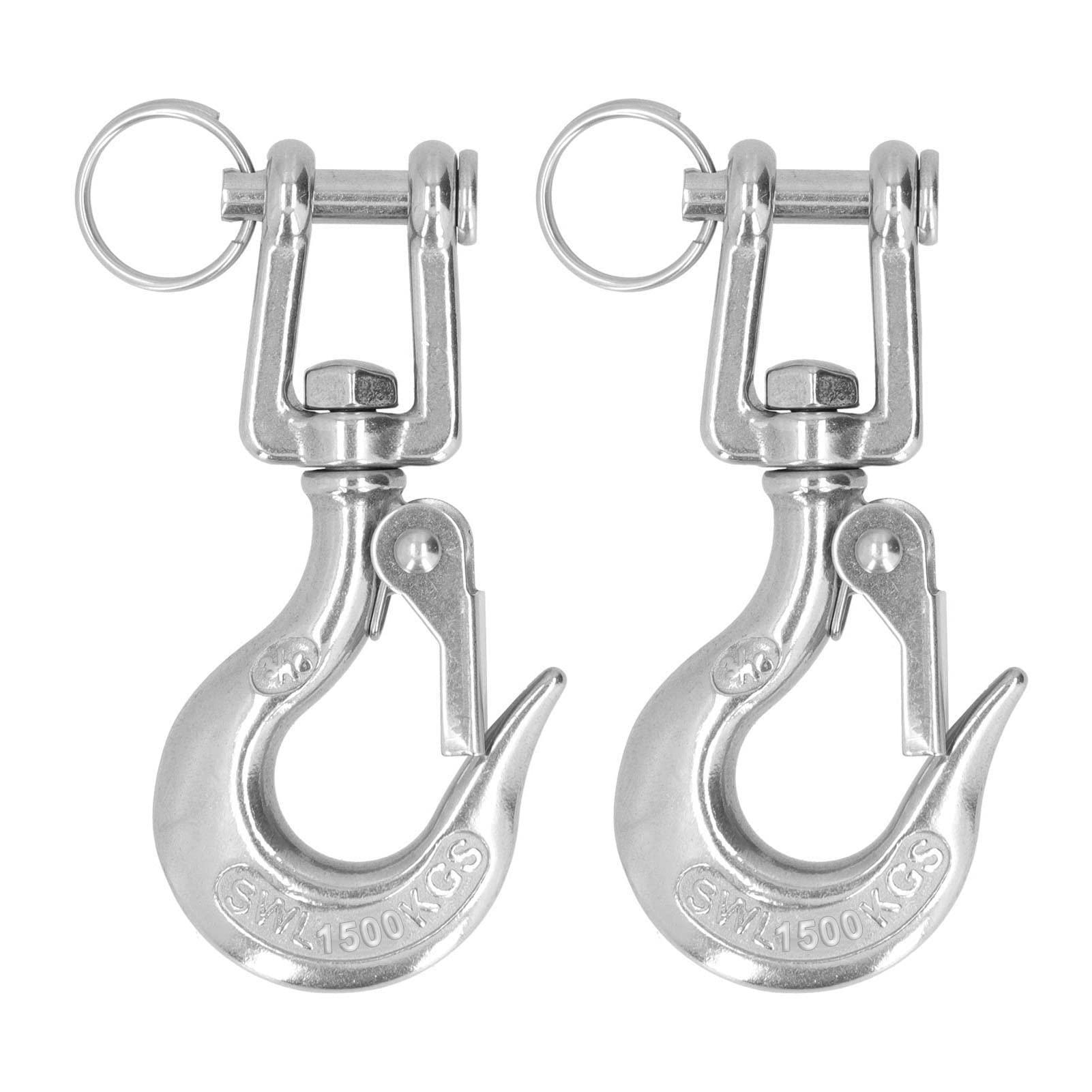 2er Set Edelstahl Hebehaken Typ Clevis mit Sicherheitsverriegelung – 304 Edelstahl, drehbar, für Krane und Hebetechnik im Industrie und Transportbereich (1/2 (1500 kg))