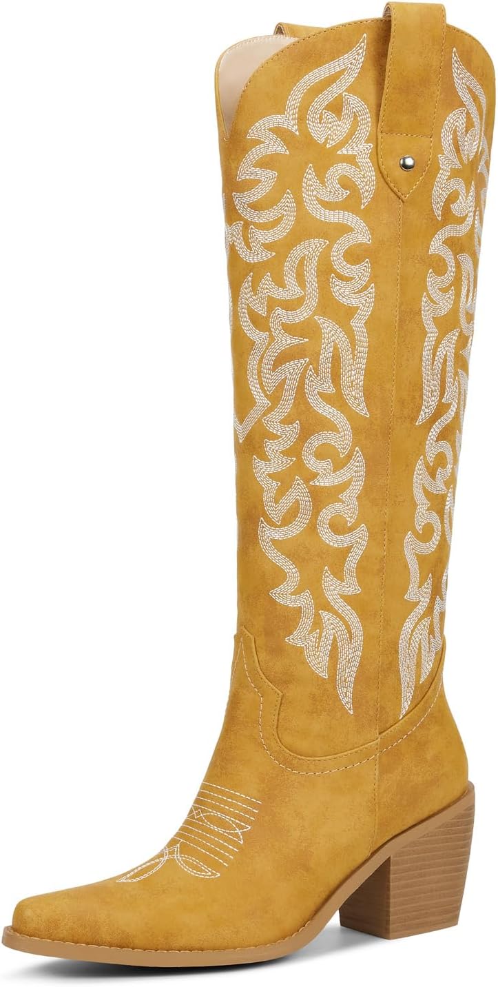 wetkiss Women's Knee High Cowboy Boots - Western Cowgirl Boots with Embroidered Pointed Toe, PU Leather, Chunky Heel, Pull On Tall Boots