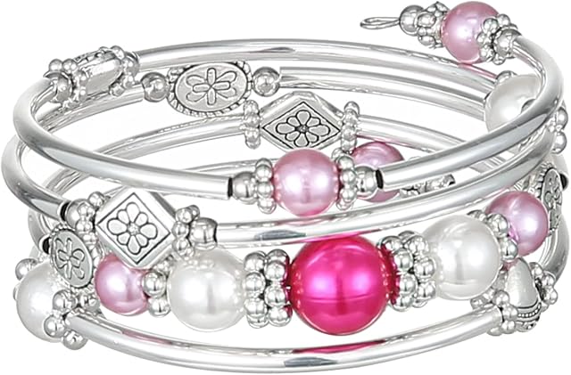 FULU AUTUMN Silver Beaded Bangle Bracelet for Women Handmade Boho Stacking Wrap Bracelet with Crystal Beads Costume Fashion Jewellery Gifts