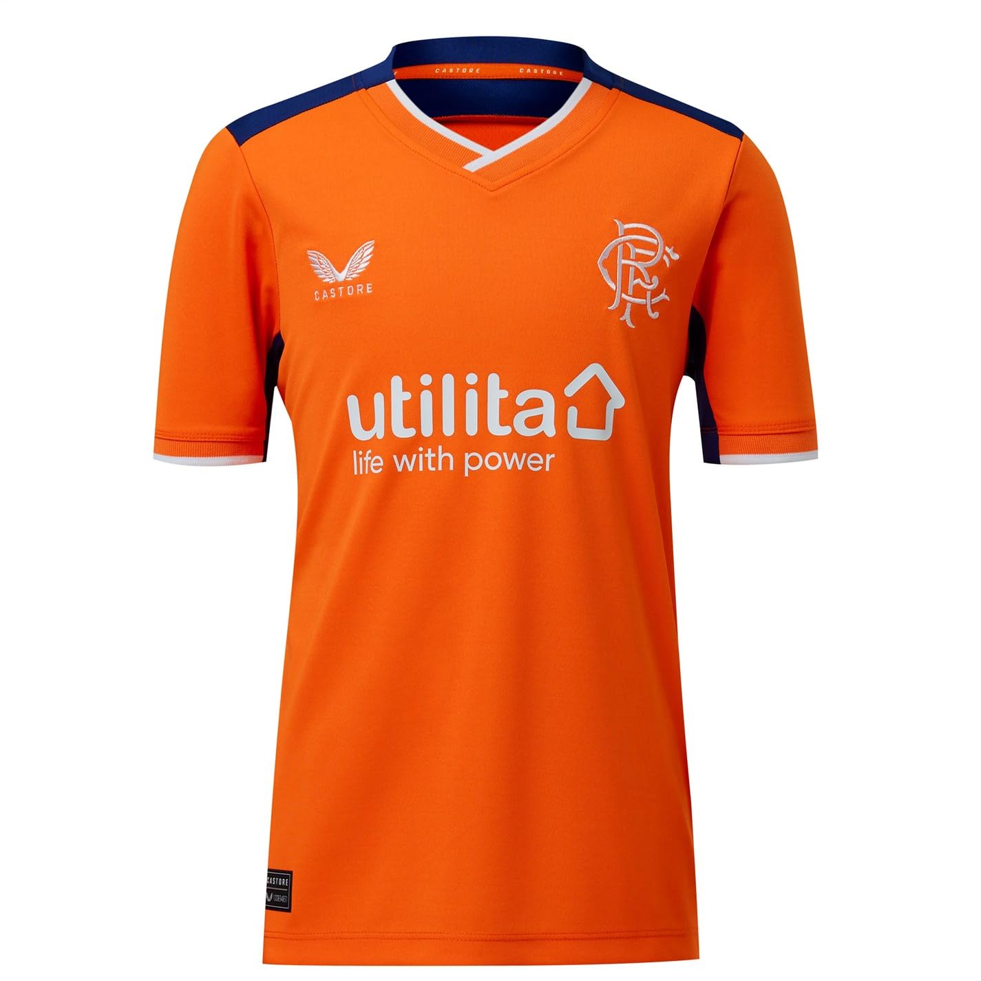 Castore Kids Rangers Third Shirt 2022 2023 Junior Orange/Navy Blue 11-12 Years