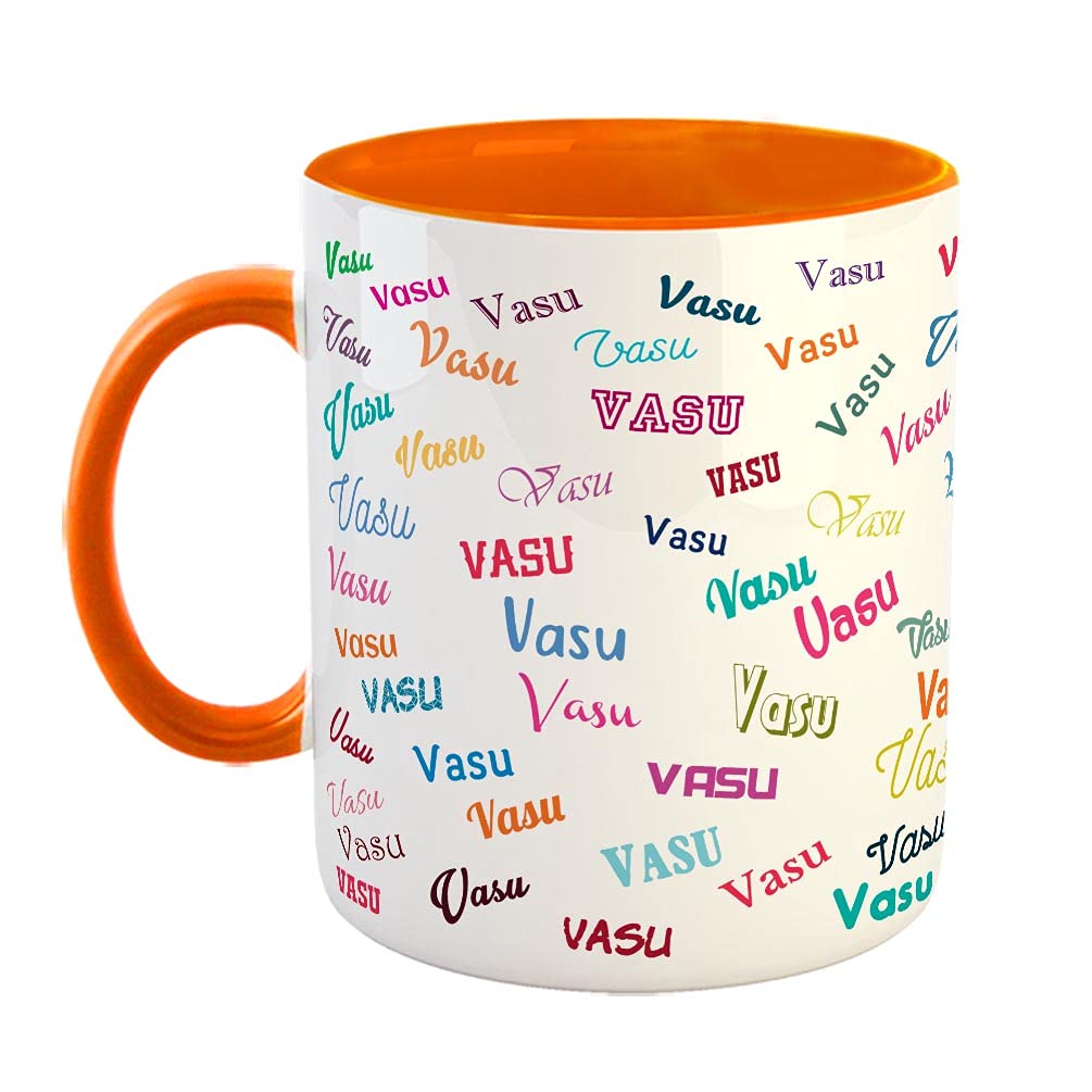 FurnishFantasy Personalised Happy Birthday Ceramic Coffee Mug - Best Birthday Gift for Son, Daughter, Brother, Sister, Gift for Kids, Return Gift - Color - Orange, Name - Vasu