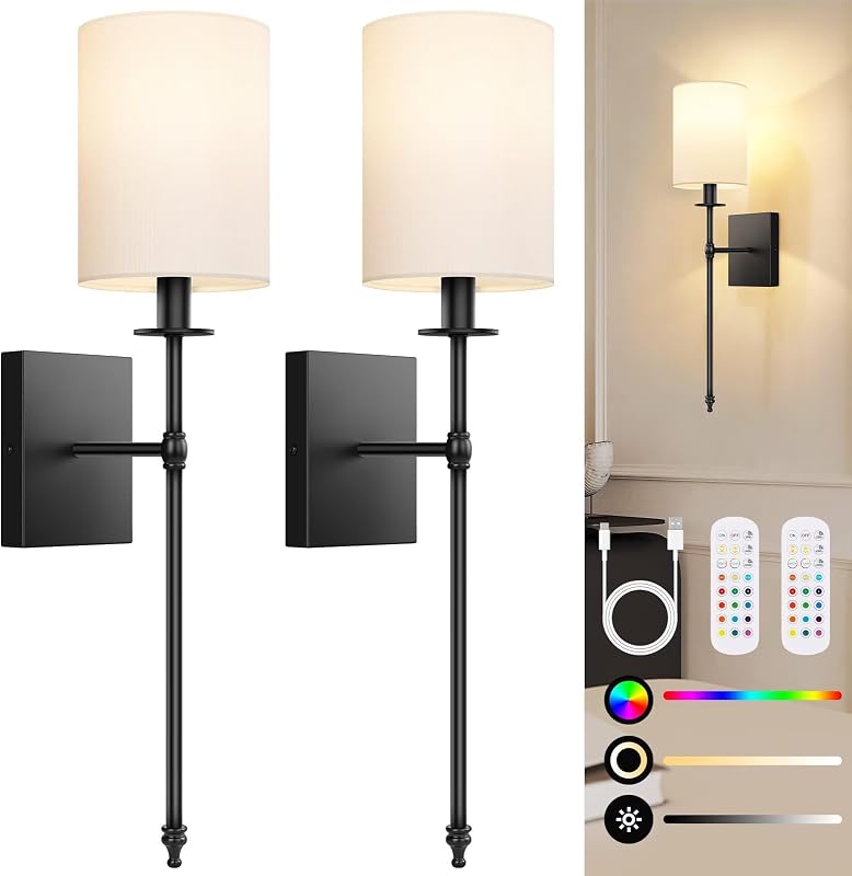 Battery Operated Wall Sconces Set of 2, Rechargeable Sconces with Remote | Black Wall Lights with White Fabric Shade, Dimmable Wireless Wall Lamp with RGBWW Bulbs for Bedroom Living Room Hallway Decor