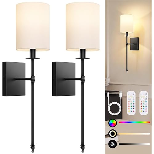 Black Battery Operated Wall Sconces Set of 2, Rechargeable Wireless Wall Lights with Remote & White Fabric Shade, Indoor Not Hardwired Dimmable Wall Lamps for Bedroom, 2 Bulbs Included（24 Inch ）