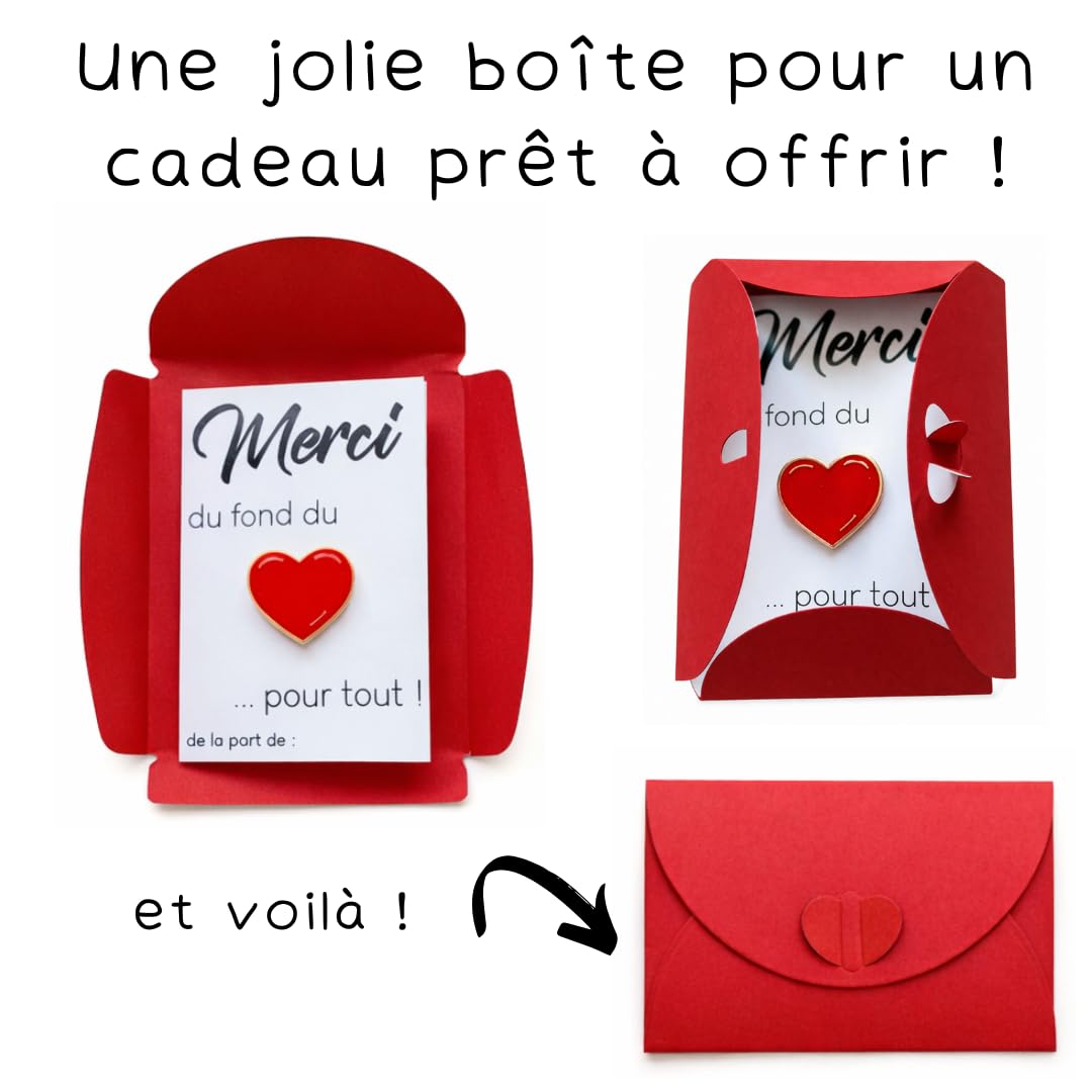 Pin's Merci Coeur Emaillé Rouge avec Carte Message et Pochette Cartonnée – Cadeau Remerciement Maîtresse, ATSEM, Nounou – Fin d'Année Scolaire Ecole Original