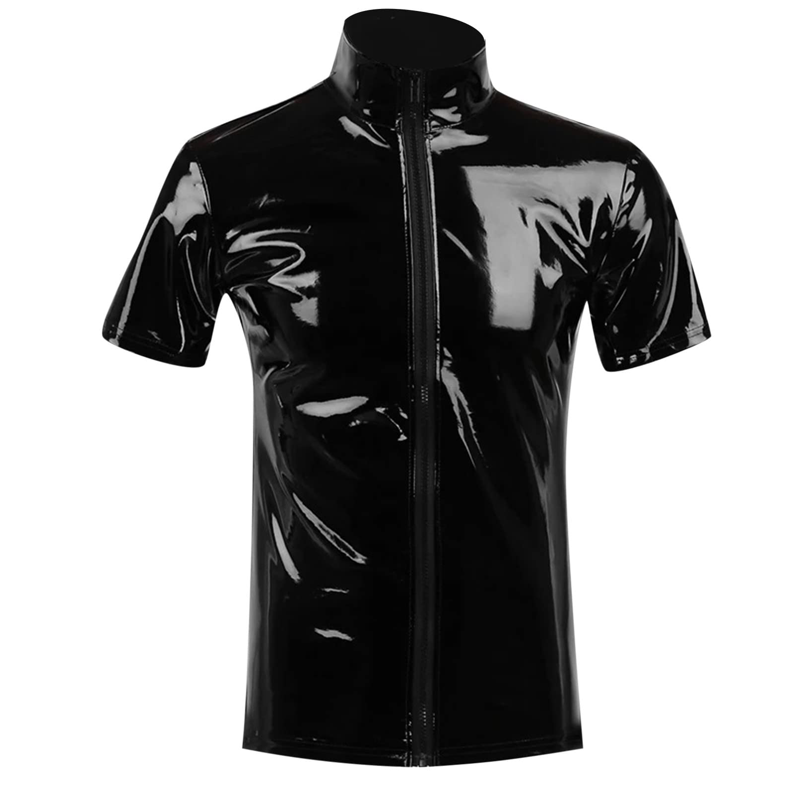 Herren Kurzarm Oberteil Leder Optik Latex Unterhemd T-Shirt Herren Lack Leder Top Hemd Party Club Kostüm Outfit Muskelshirt Latex Glänzend Tops Kurzarmshirts Kunstleder