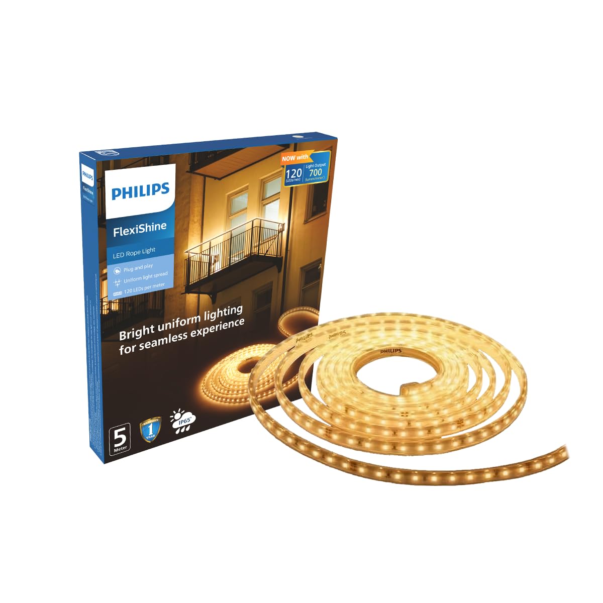 PHILIPS FlexiShine LED Strip Light 5M | 8 Watt per Meter | 120 LEDs/m | IP65 Waterproof LED Rope Light for Outdoor Balcony Garden Pathway Lighting | Flexible Decorative Lighting | Warm White Pack of 1-image-34