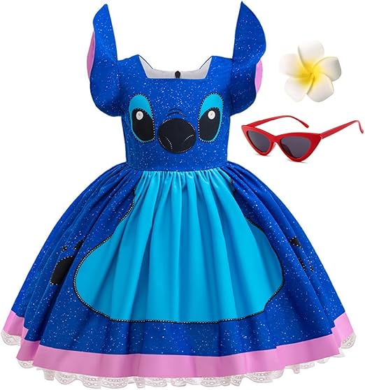 ZKR Lilo Costume Hawaiian Dress for Girls Kids Halloween Cosplay Outfit With Flower Hair Clips and Sunglasses 9-10Y (140)