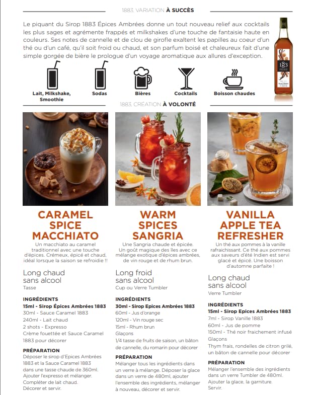 Image of 1883 Warm Spices Syrup for Coffee and Drinks - Made in France, 1 Liter Glass Bottle
