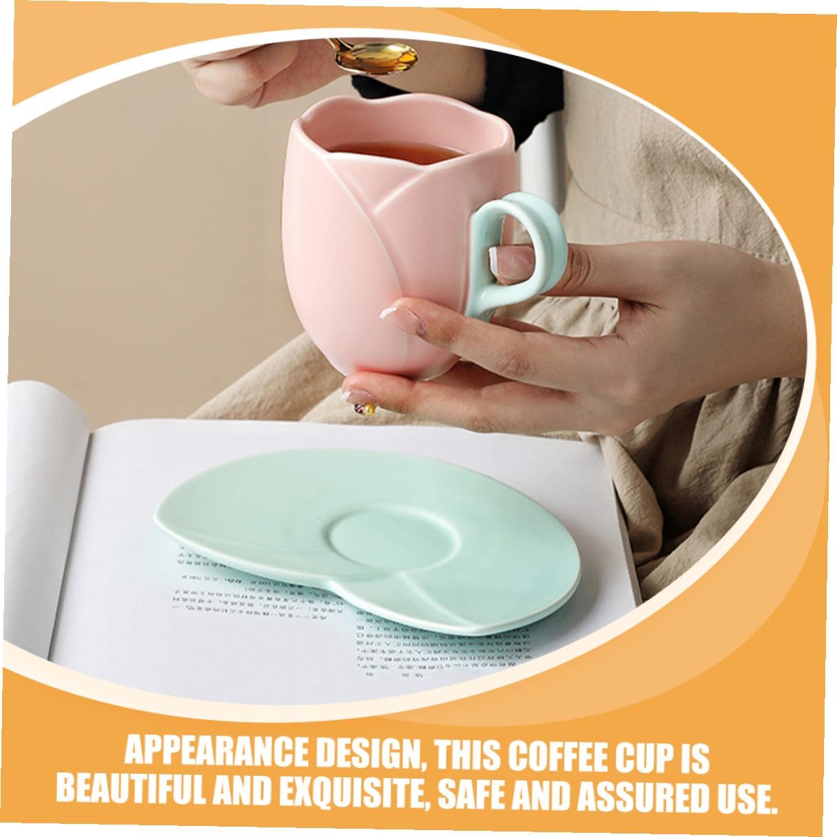TIDTALEO Tulip-shaped Ceramic Coffee Mug and Saucer Set 300ml Large Capacity Pink Tea Cup Home Office Beverage Drinkware