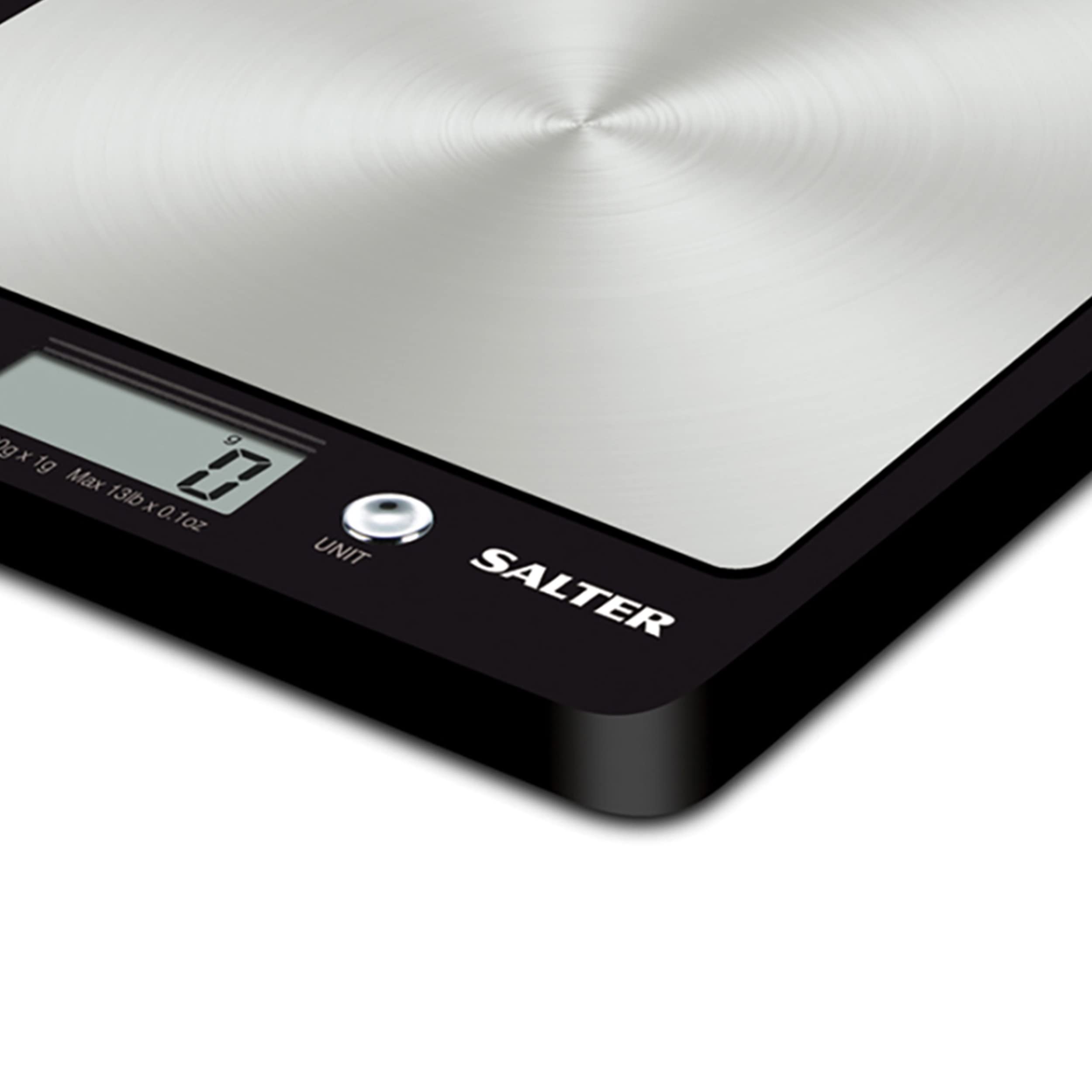 Salter 1241A BKDR Premium Evo Electronic Scale, Ultra Slim, Stainless Steel Platform, Hygienic/Easy Clean, Add & Weigh, Measures Liquids/Fluids, Kitchen Cooking & Baking, 6 kg Max Capacity, Black