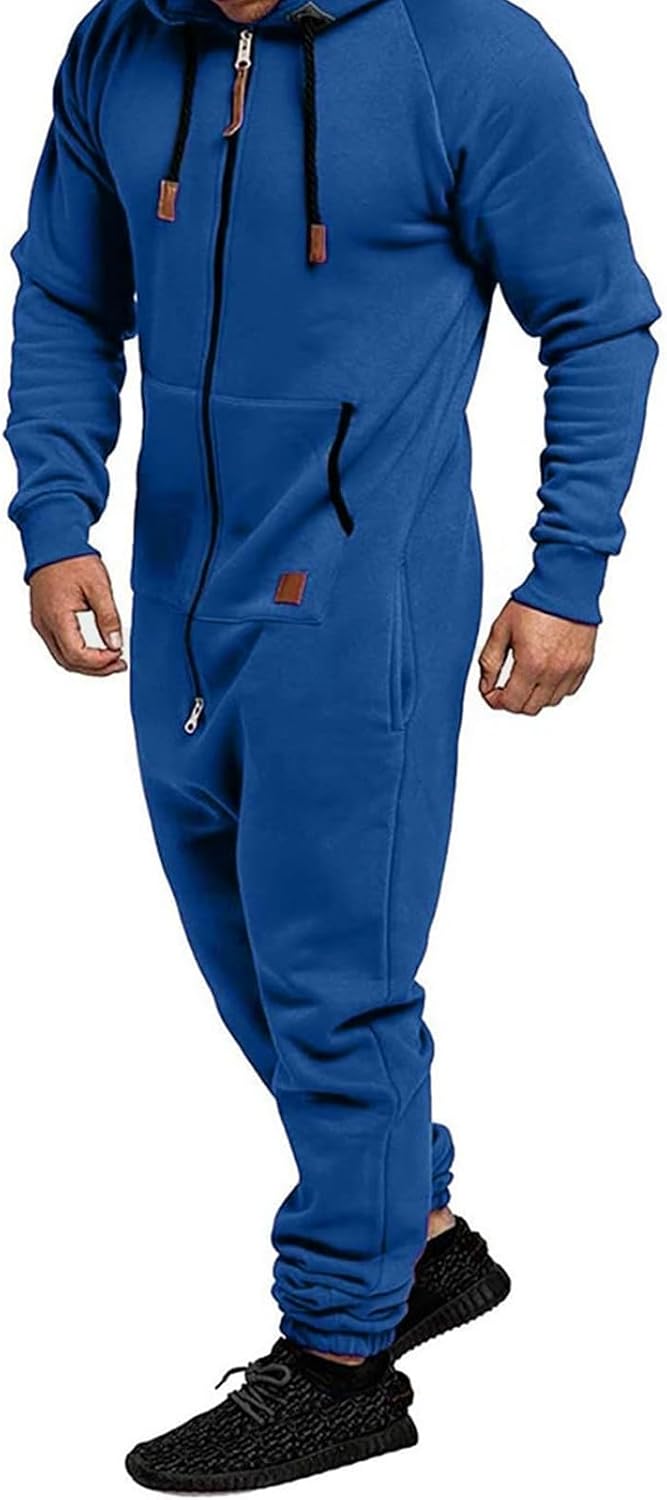 Mens Fleece Lined Hooded Jumpsuit Full Zip Onesie Rompers One Piece Overalls Jogging Suit Tracksuit with Pockets