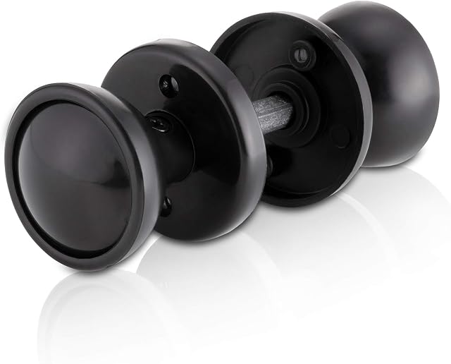 XFORT® Black Rim Mortice Knob Set, Plastic Rim Lock Knobs, Door Knob Handles Complete with Drilled Spindle, Rose Plate, Keyhole Escutcheons and Screws, for use with Rim Sashlocks or as Mortice Knobs