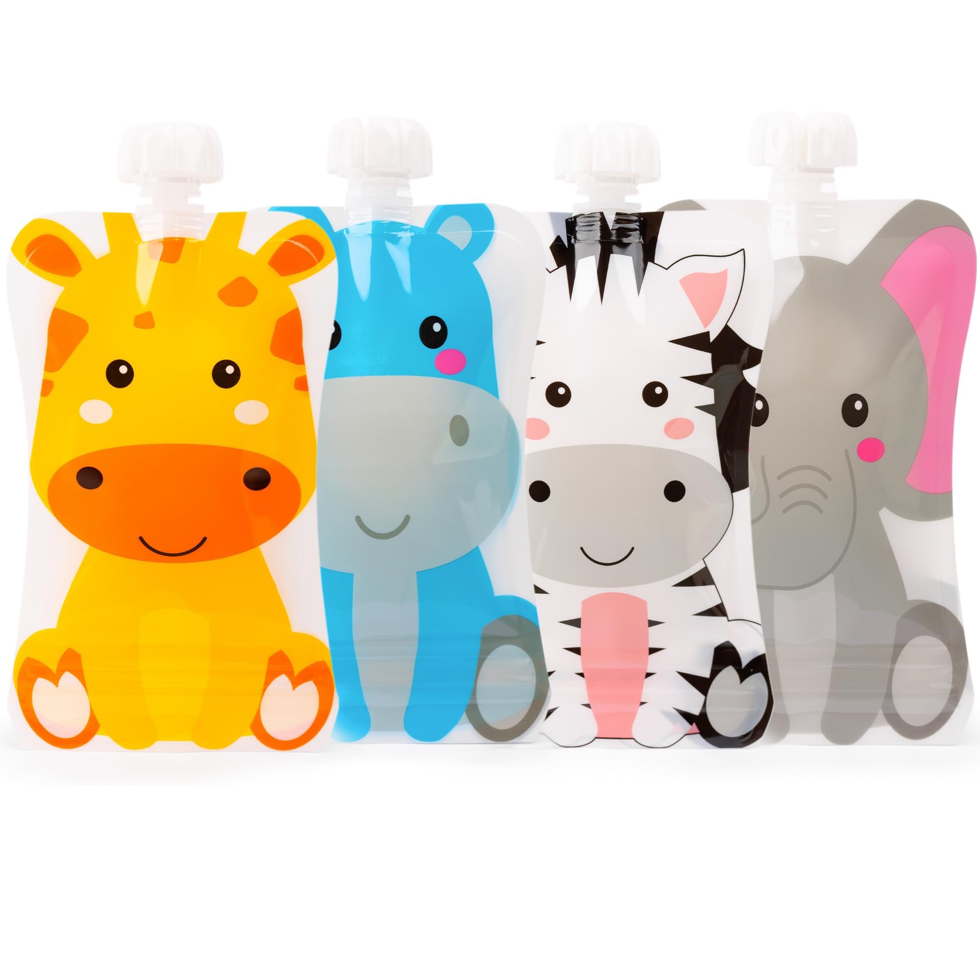 HOMYBABY® Gourdes Compotes Reutilisables Bebe [x4] - Pochette Compote Reutilisable - Sacs Réutilisables pour L'alimentation du Bébé - Gourde Rechargeable Compote aux motifs d'animaux amusants + E-BOOK