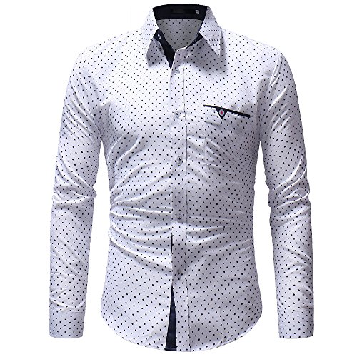 Vekdone Mens Casual Long Sleeve Dress Shirts Polka Dots Printed Slim Fit Cotton Business Button Down Shirts Regular Fit(White,Medium) #TOP1