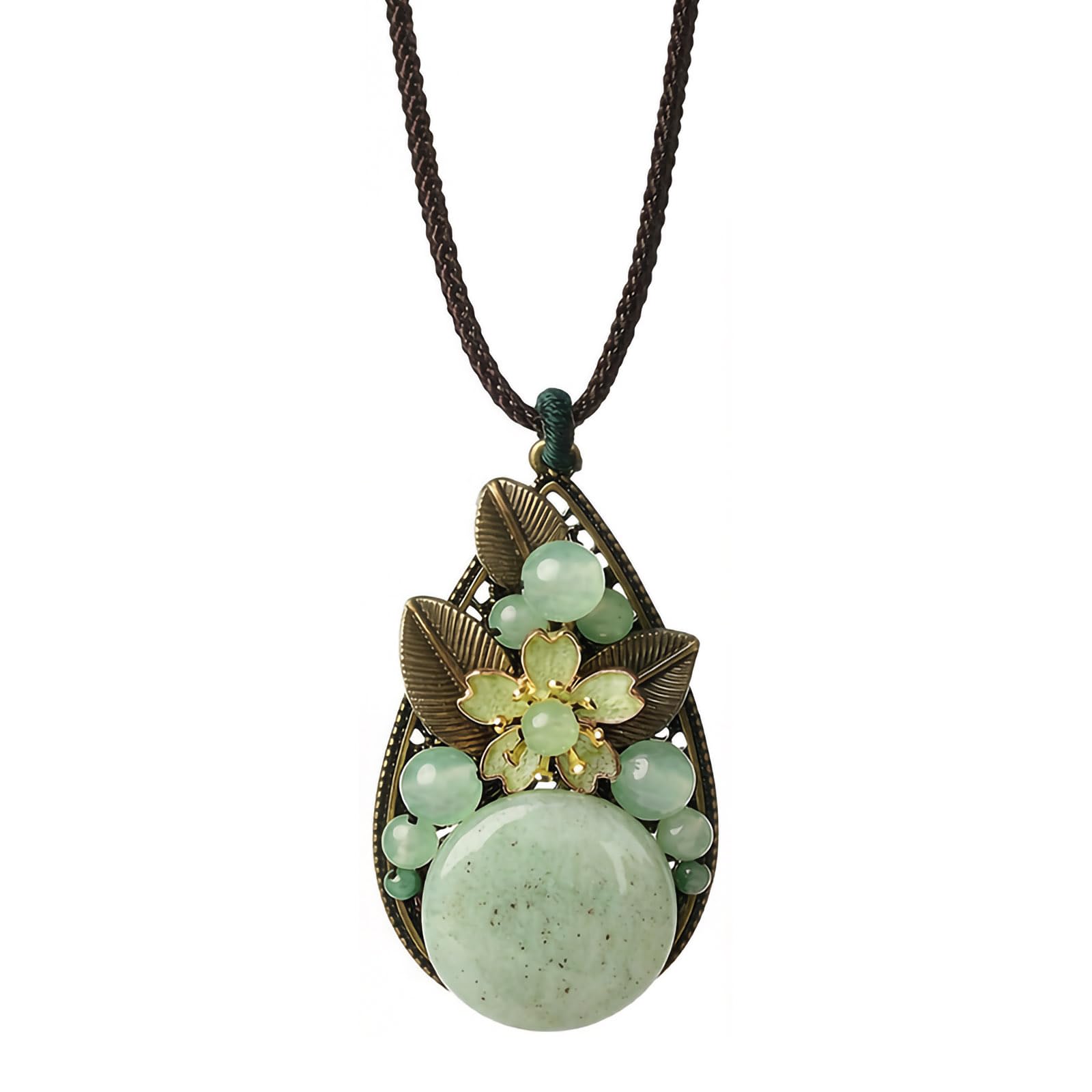 Natural Jade Stone Necklace, Adjustable Rope Chain Length Lucky Protection Friendship Charm Pendant