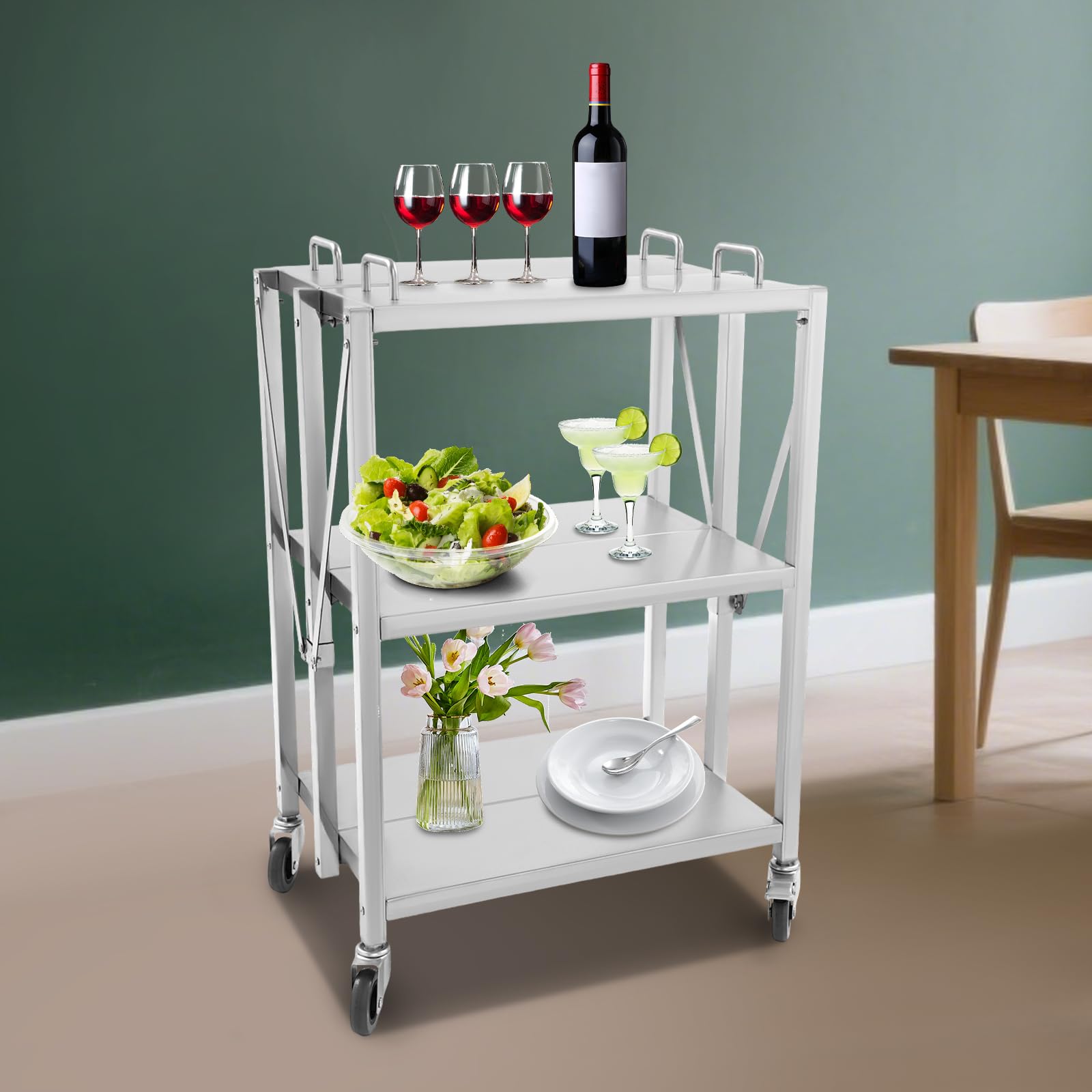 Carro de servir con ruedas, 3 niveles plegable de acero inoxidable, mesa giratoria de metal resistente, carrito de cocina con encimera y asas de acero inoxidable, ideal para restaurante, cocina y
