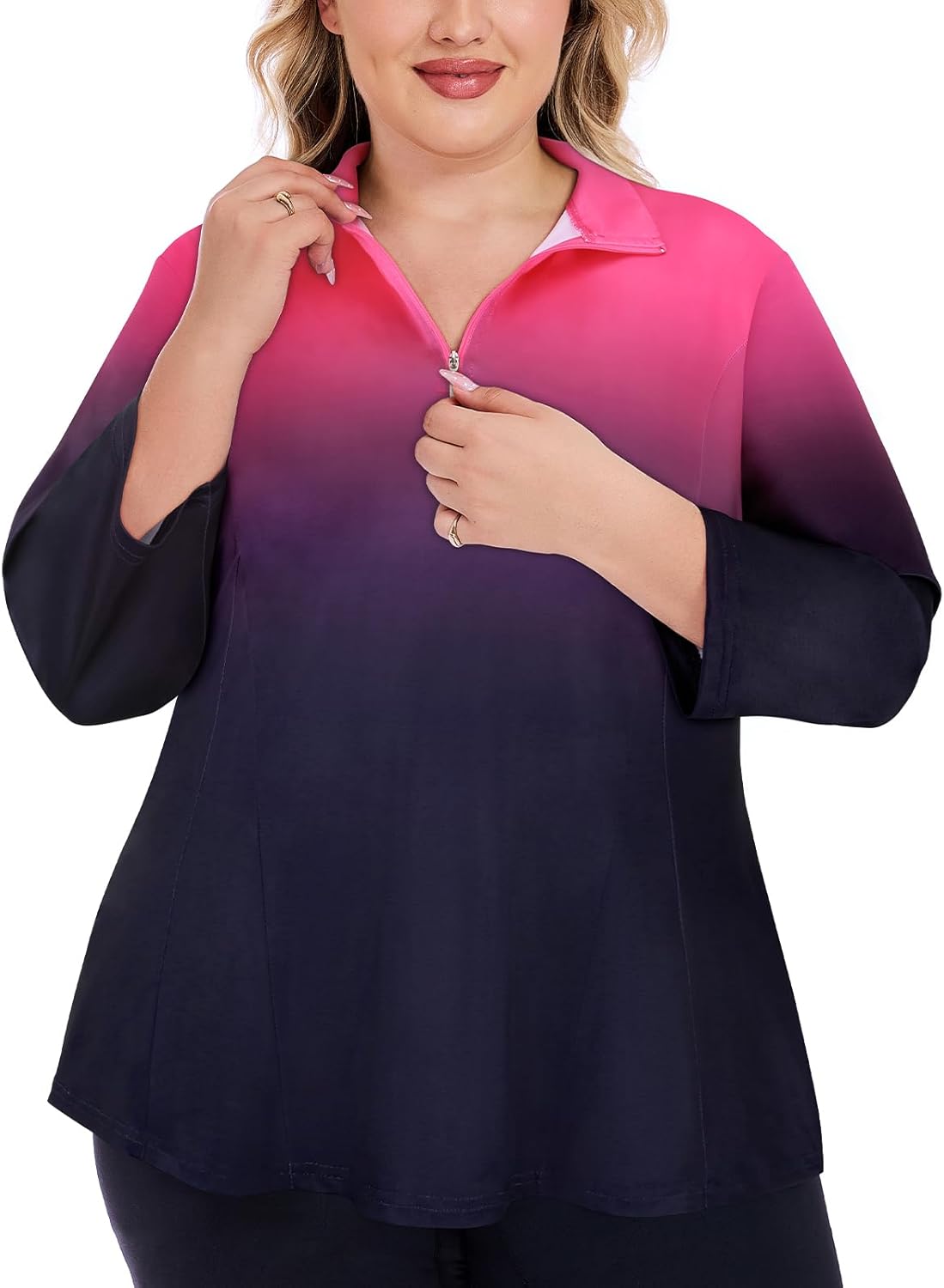 Plus Size Golf Polo Shirts for Women 3/4 Sleeve UPF 50+ Quarter Zip Pullover Quick Dry Athletic Workout Tops XL-5XL