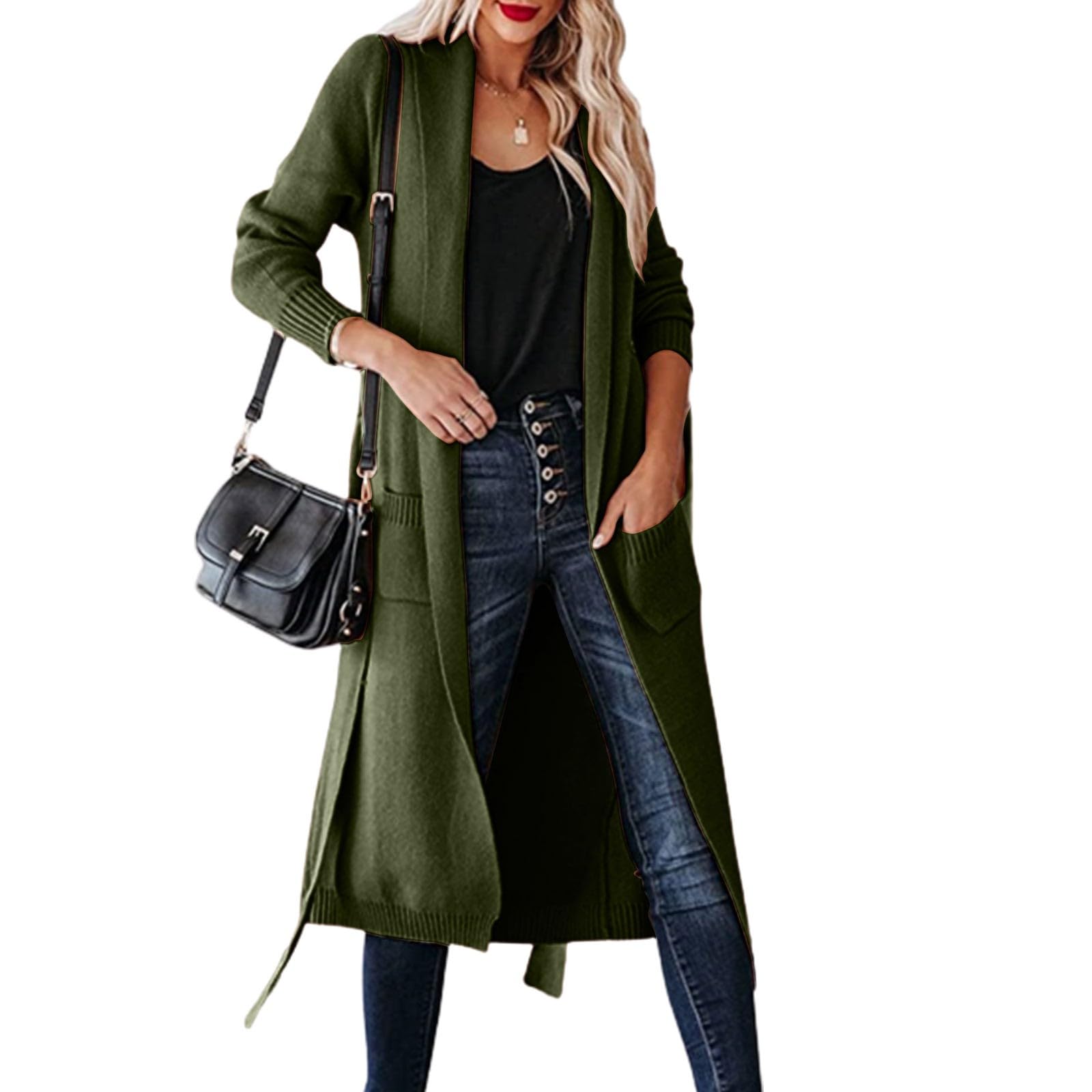 Cárdigan largo para mujer con cinturón, cuello en V, manga larga, informal, cómodo, cárdigan elegante, con frente abierto, cómodo abrigo de punto
