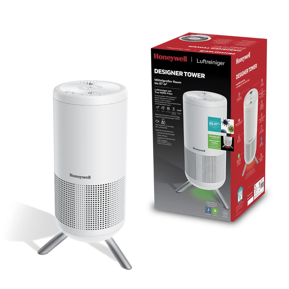 Honeywell White Designer Tower Air Purifier (True Hepa Filter, Allergen Filter For Medium To Large Rooms, 87 M2, With Air Quality Display, Voc Sensor, Automatic Mode And Ultraquiet Sleep Mode) Hpa830we