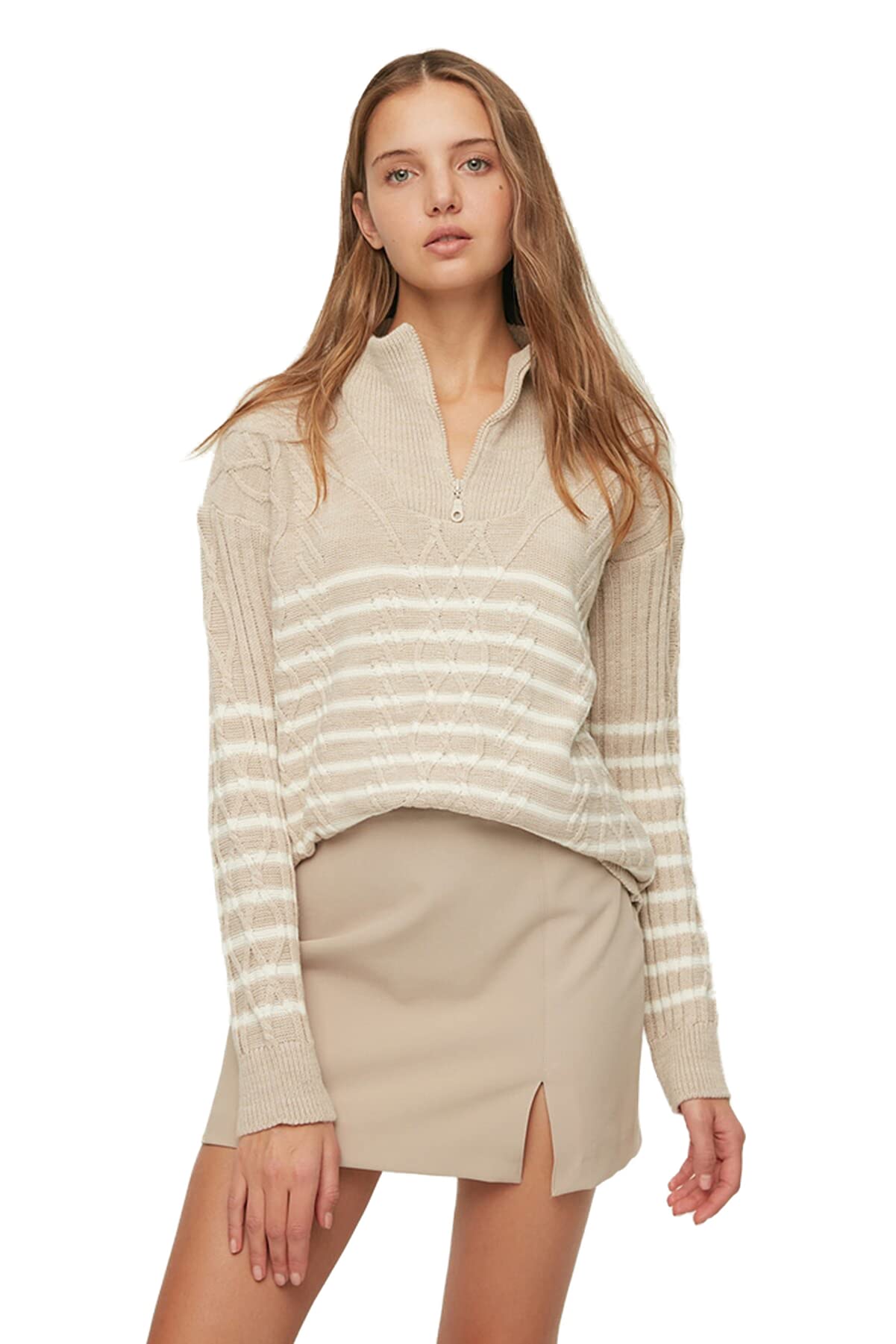 Trendyol FeMan Oversize Basic Standing Collar Knitwear Sweater Beige