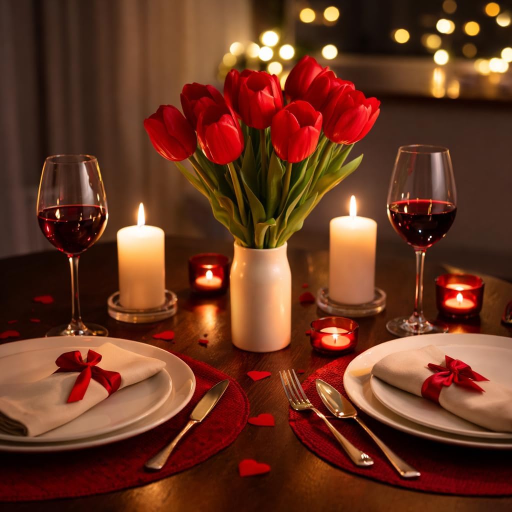Floral Kingdom 20 Inch Real Touch Artificial Tulip Flowers 10 Stems Red Faux Tulips for Wedding Centerpieces, Spring Home Decor, Kitchen Island & Table Vase Arrangements