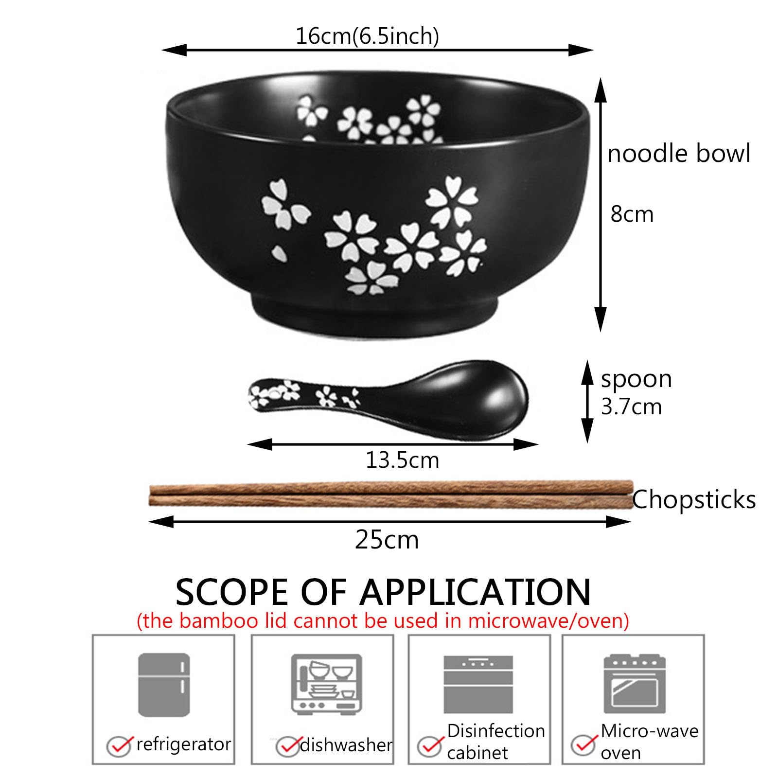 zaqiming Tazón de ramen 1000ML Negro Tazón japonés de cerámica Cuencos de sopa para Udon, Soba, Hor Fun, fideos, ramen, ensaladas y sopas (1 set)