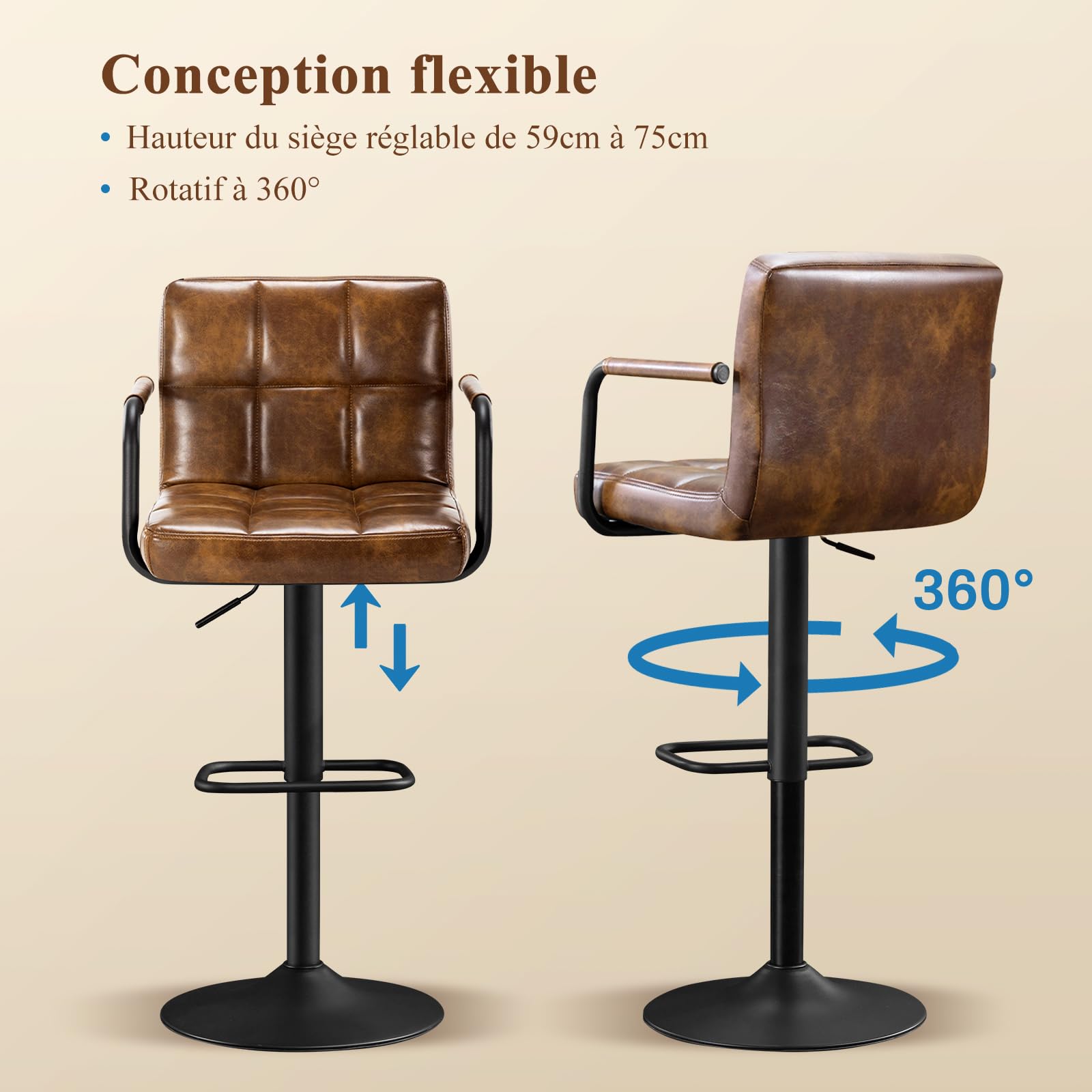 Tabouret de Bar Lot de 2, Tabouret de Cuisine Pivotants 360°,Chaise de Bar Réglable en Hauteur en Similicuir avec Repose-Pieds, Dossier et Accoudoirs pour Cuisine, Comptoir, Bar, Marron Jaune