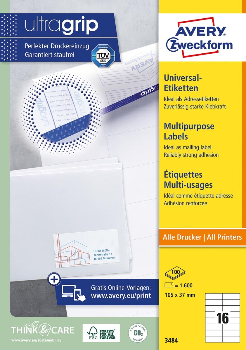 Avery Zweckform 3484, Universal Labels, (A4, Matt Paper, 1,600 Labels, 105 x 37 mm, 100 Sheets, White